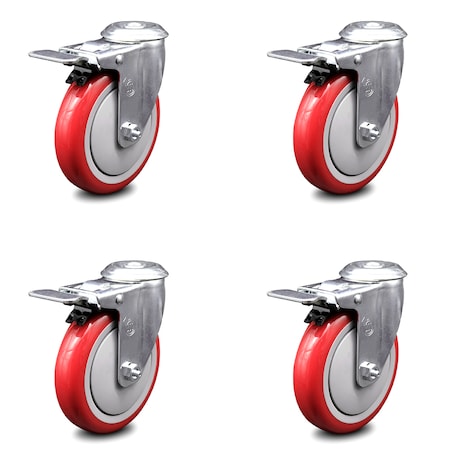 5 Inch Red Polyurethane Swivel Bolt Hole Caster Set With Total Lock Brake SCC